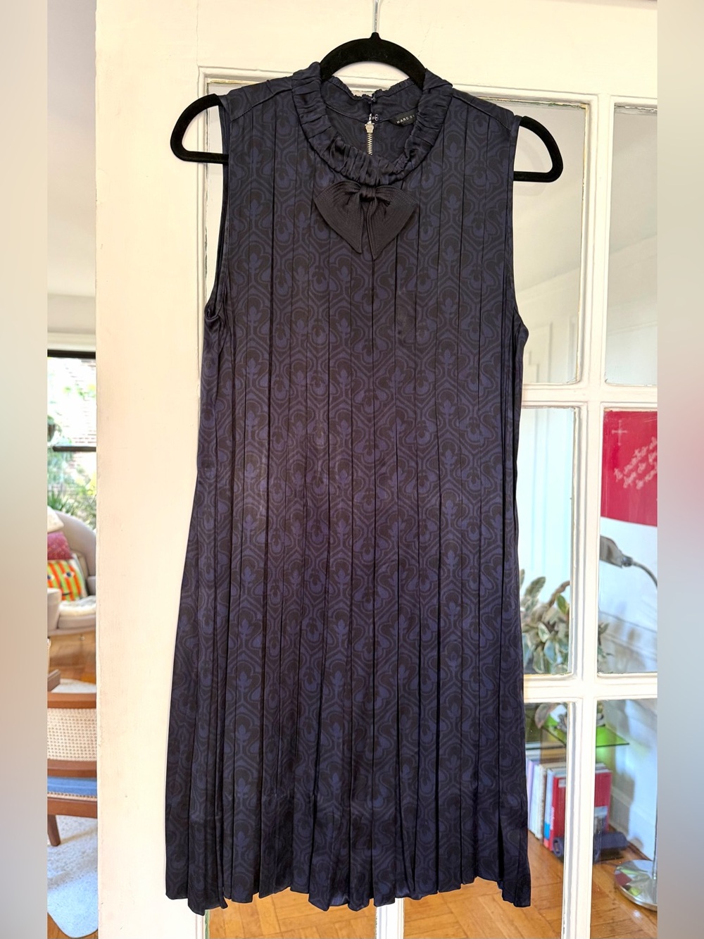 Marc by Marc Jacobs Navy and Black Pleated Midi Dress with Bow Neck